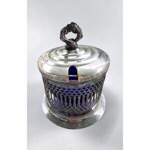 Vintage Mayell Silver Plate Cobalt Blue Glass Mustard Pot Made in England